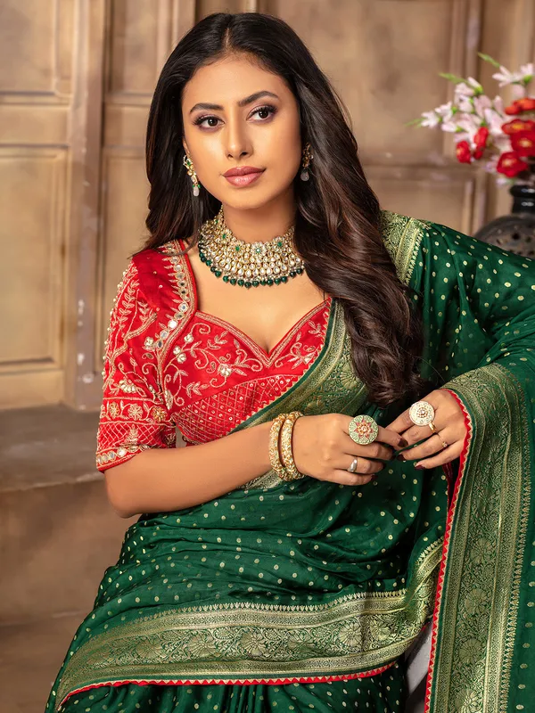 Beautiful green dola silk saree for wedding