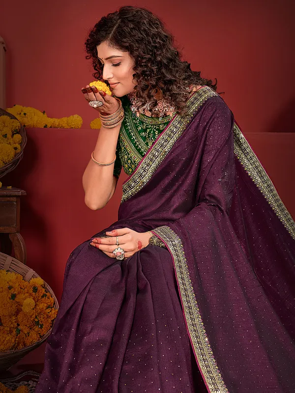 Stunning dark purple festive silk saree