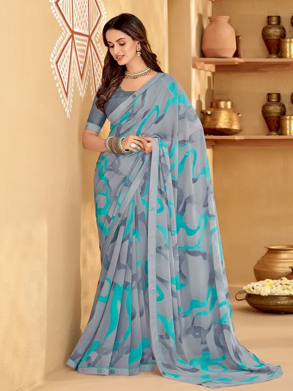 Beautiful grey printed georgette saree