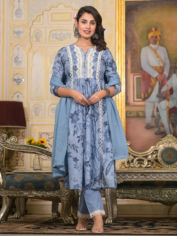 Beautiful light blue cotton printed kurti set