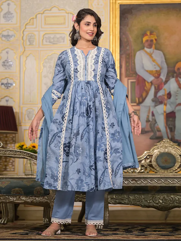 Beautiful light blue cotton printed kurti set