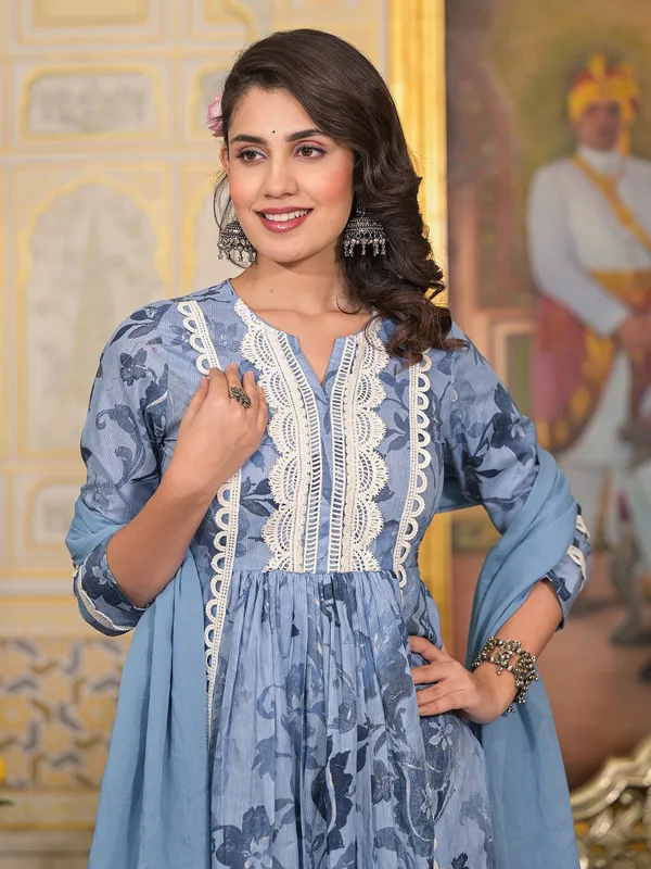 Beautiful light blue cotton printed kurti set