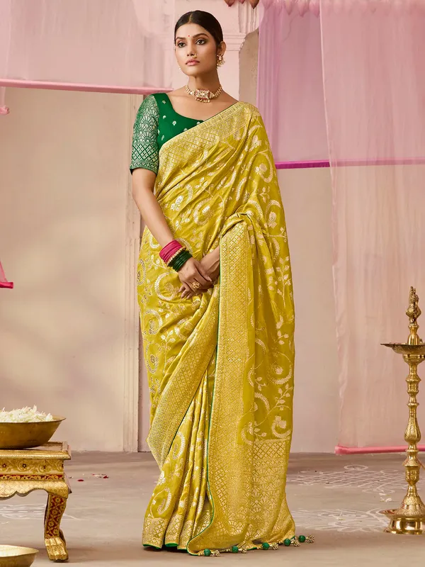 Beautiful light green dola silk saree