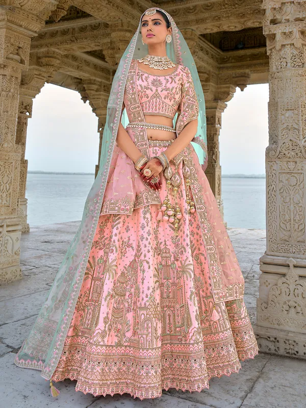 Beautiful light pink silk unstitched lehenga choli
