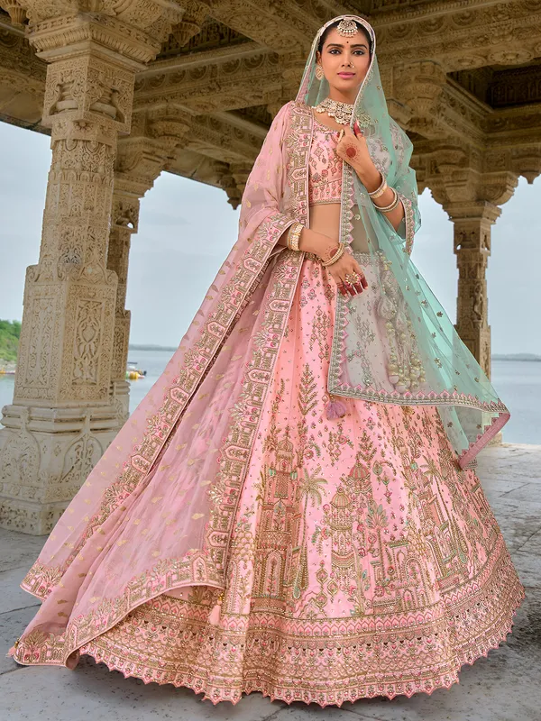 Beautiful light pink silk unstitched lehenga choli