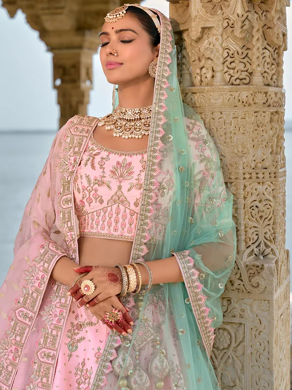 Beautiful light pink silk unstitched lehenga choli