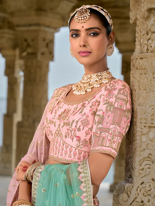 Beautiful light pink silk unstitched lehenga choli