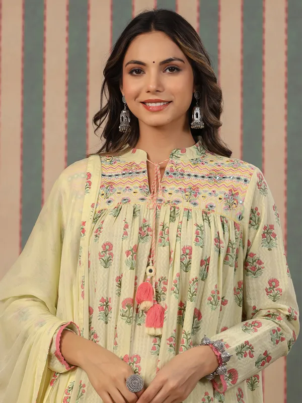 Beautiful light yellow cotton sharara set