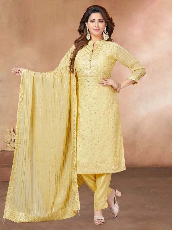 Beautiful light yellow silk salwar suit