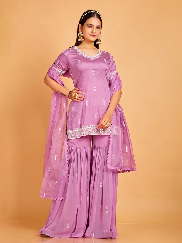 Beautiful lilac purple silk sharara suit