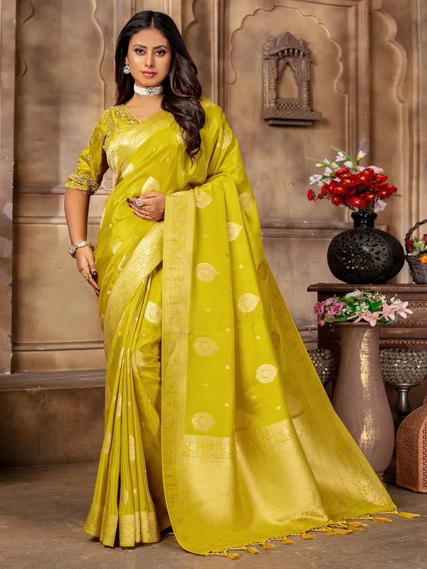 Beautiful lime yellow tissue silk saree