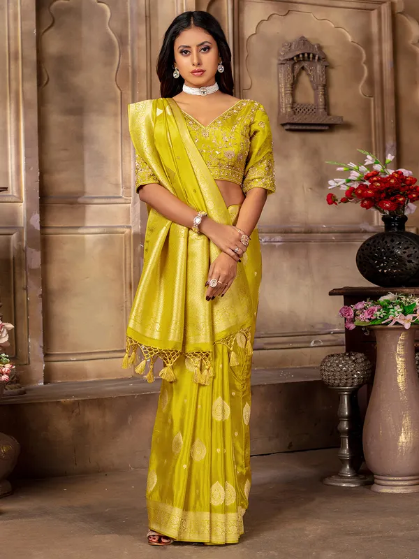 Beautiful lime yellow tissue silk saree