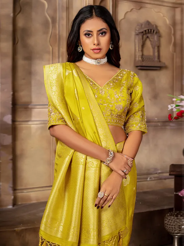 Beautiful lime yellow tissue silk saree