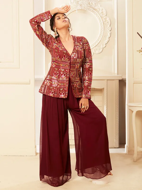 Beautiful maroon georgette palazzo suit