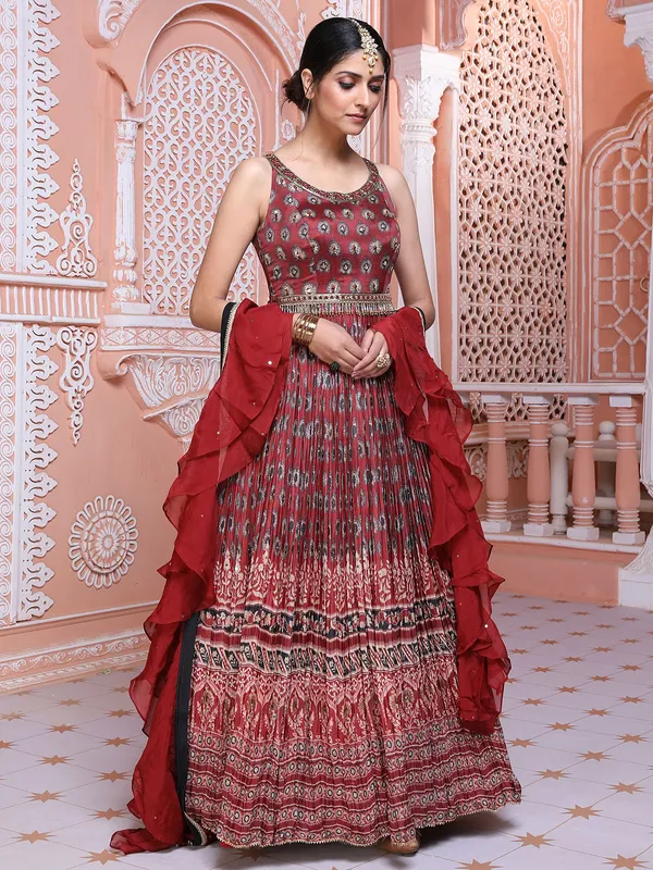 Beautiful maroon silk printed anarkali suit