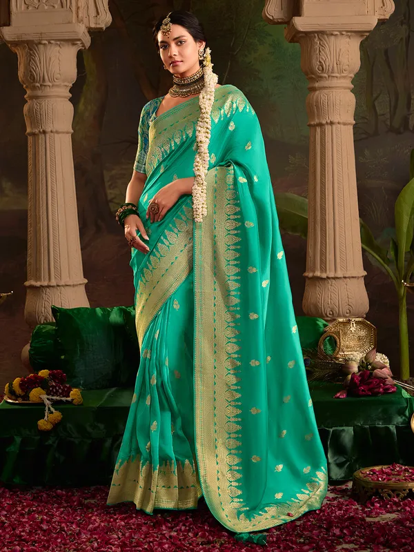 Beautiful mint blue saree in dola silk