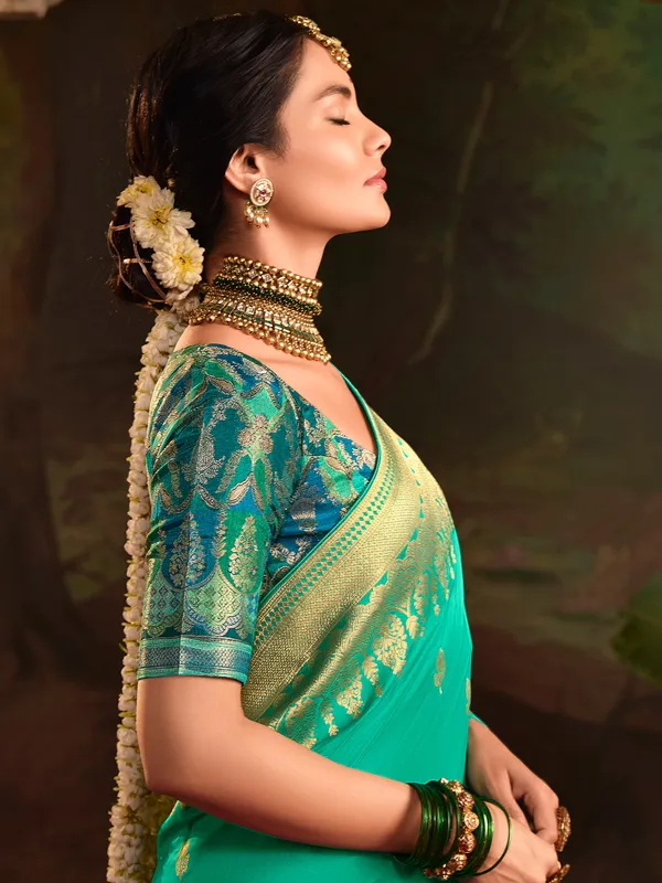 Beautiful mint blue saree in dola silk