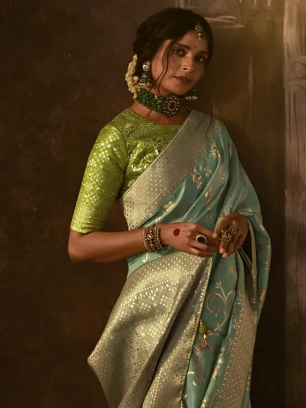Beautiful mint green dola silk saree
