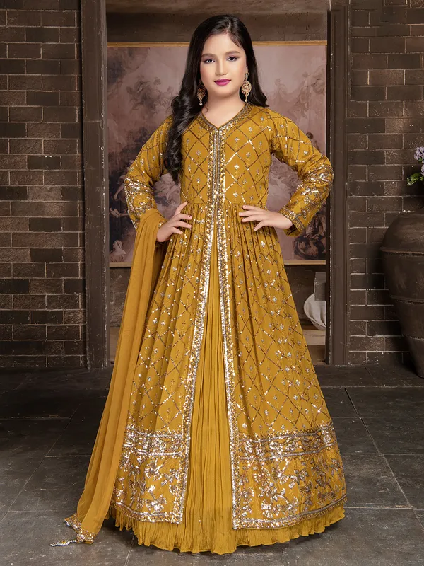 Beautiful mustard yellow georgette lehenga suit