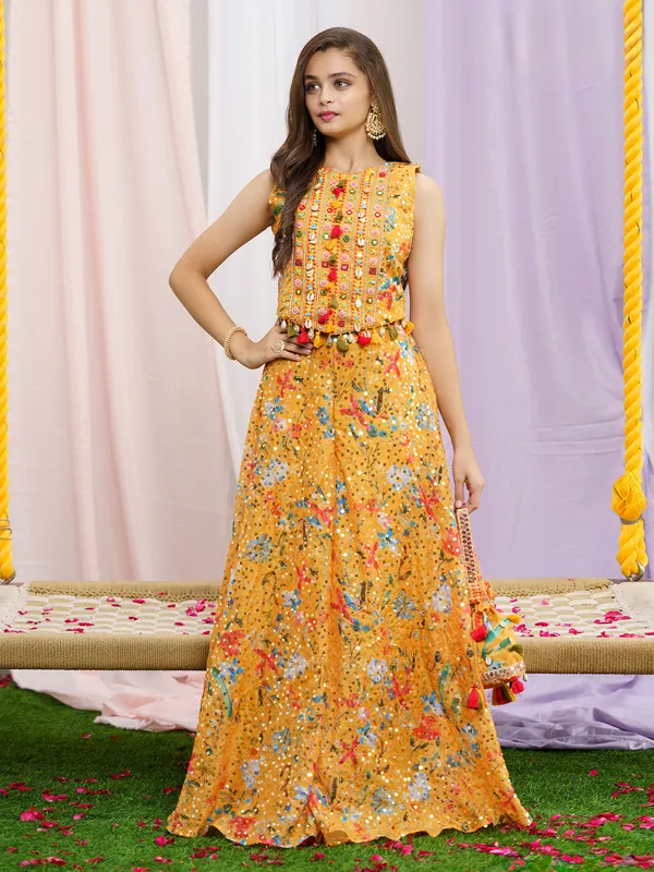 Beautiful mustard yellow printed palazzo suit