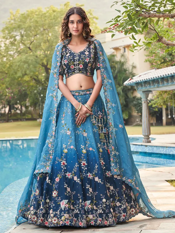 Beautiful ombre style blue lehega choli