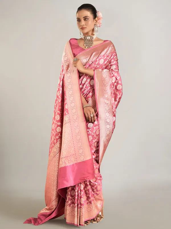 Beautiful onion pink banarasi silk saree