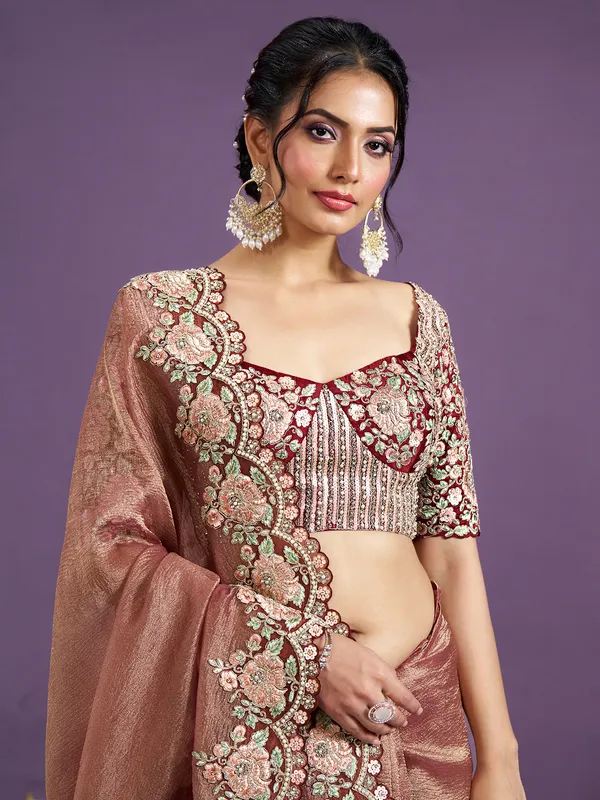 Peach cruss tissue silk saree for wedding