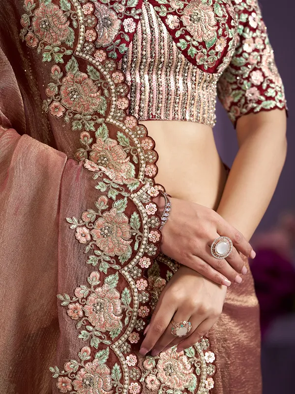 Peach cruss tissue silk saree for wedding