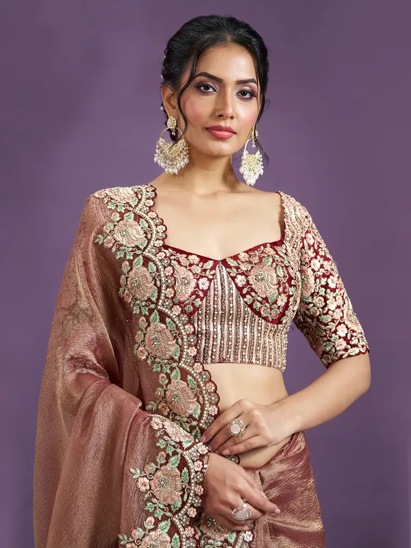 Peach cruss tissue silk saree for wedding