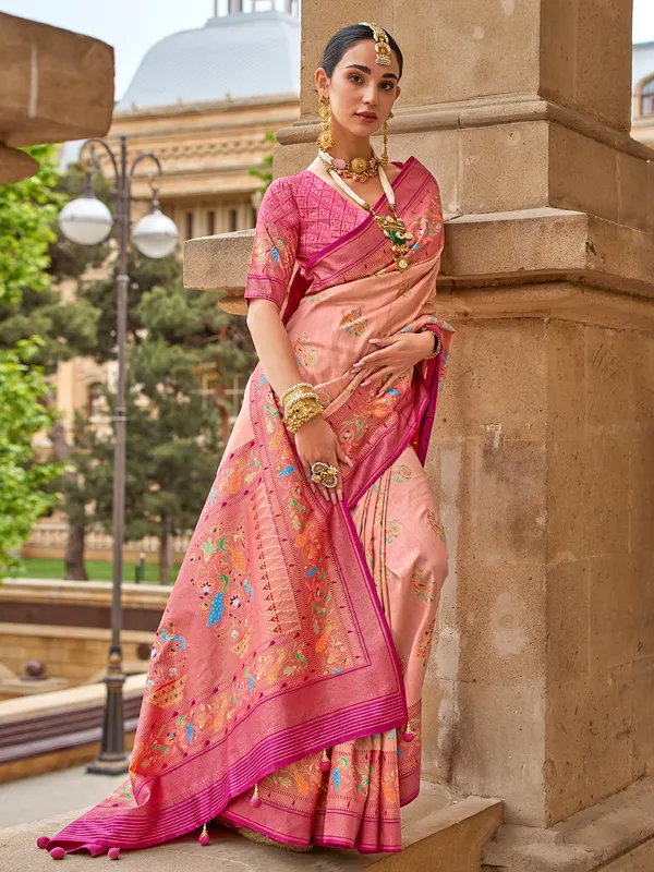 Beautiful peach silk printed saree