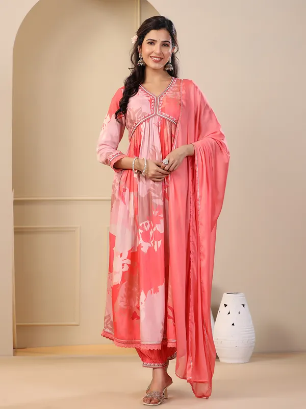 Beautiful pink and orange cotton kurti set