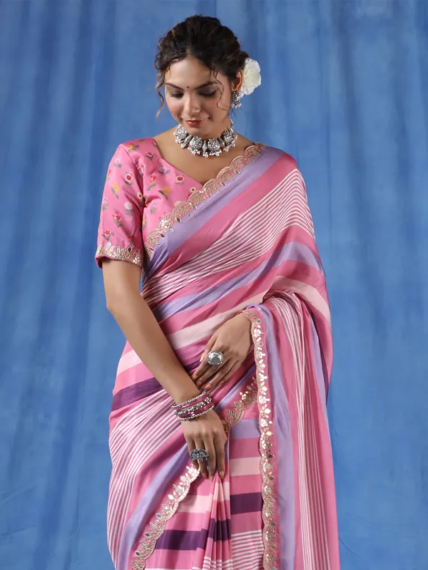 Beautiful Onion pink muslin stripe saree