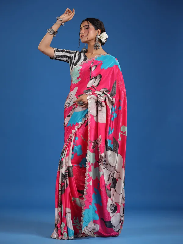 Beautiful pink printed muslin silk saree
