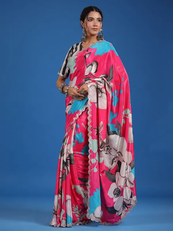 Beautiful pink printed muslin silk saree