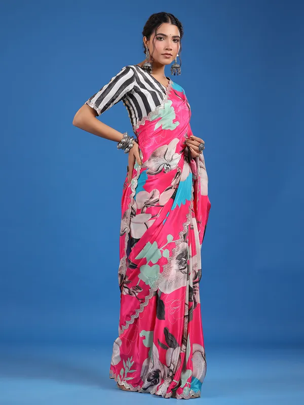 Beautiful pink printed muslin silk saree