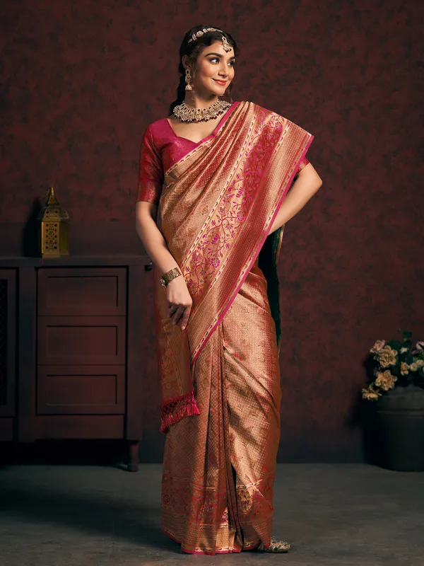Beautiful pink silk zari weaving saree