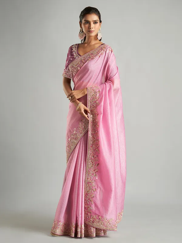 Beautiful pink tissue silk saree for wedding