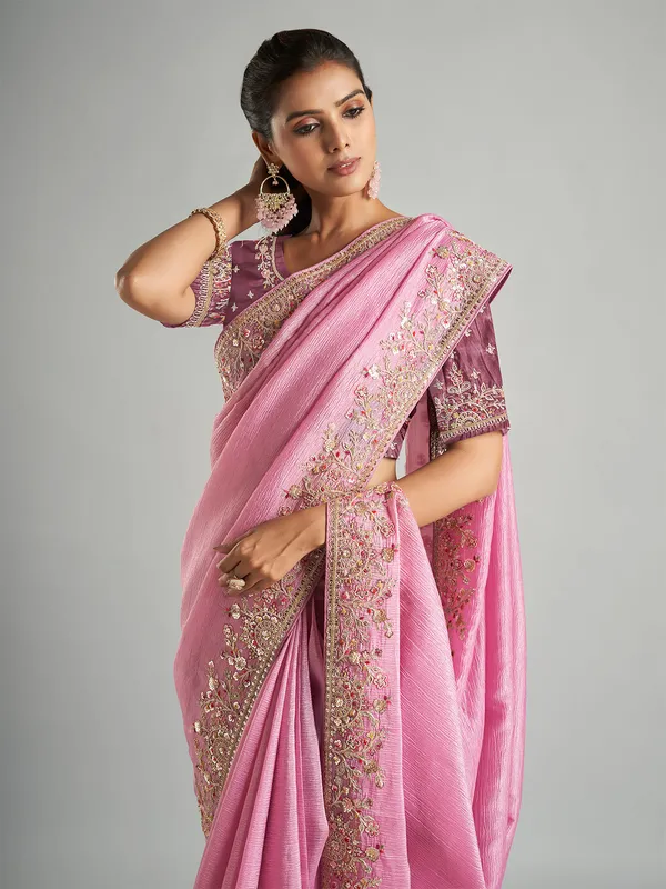 Beautiful pink tissue silk saree for wedding