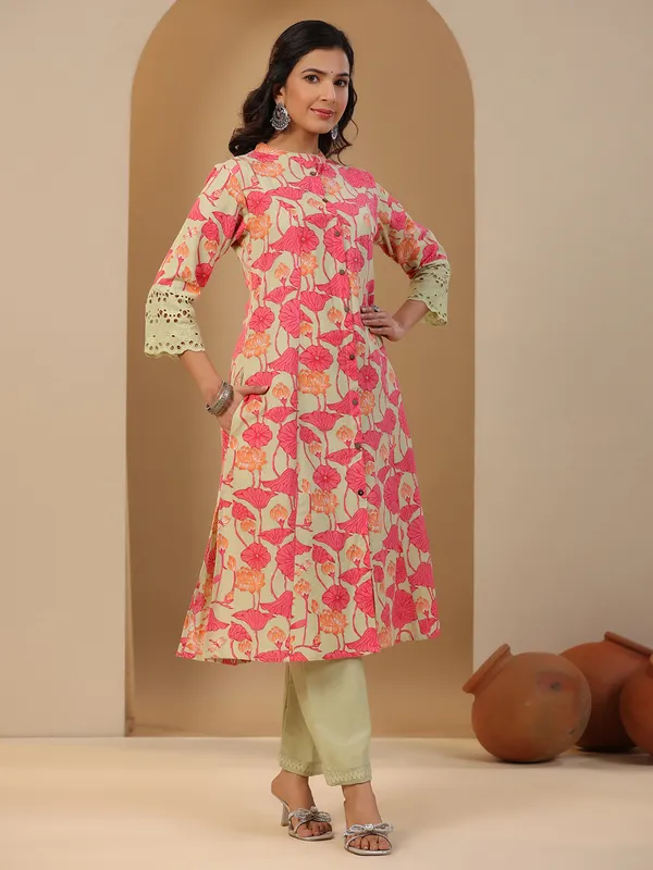 Beautiful Pista green floral printed kurti in cotton