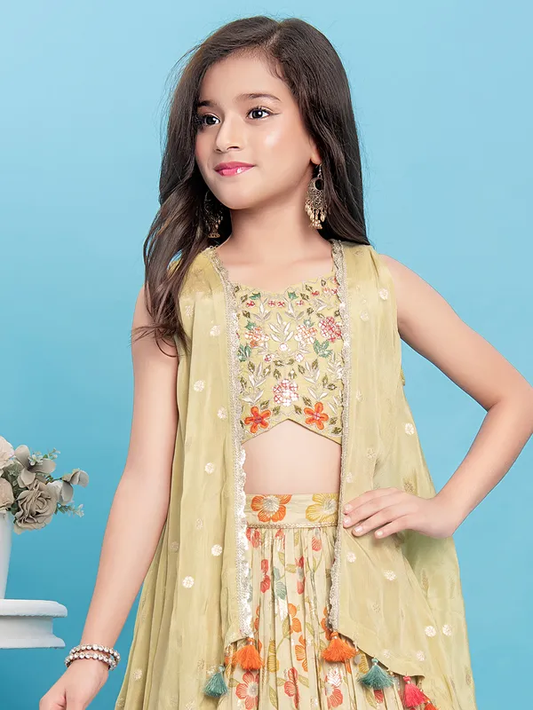 Beautiful pista yellow silk lehenga choli for girls