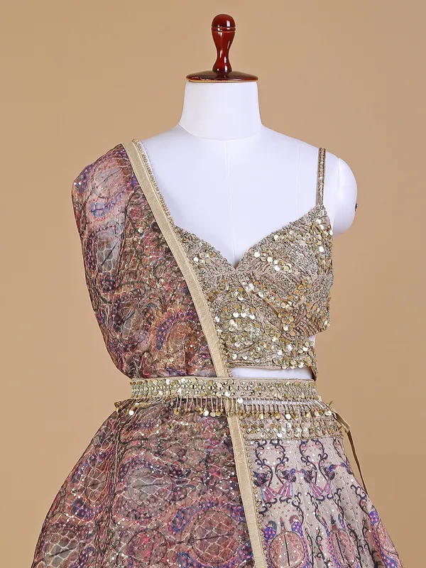 Beautiful printed beige silk lehenga choli