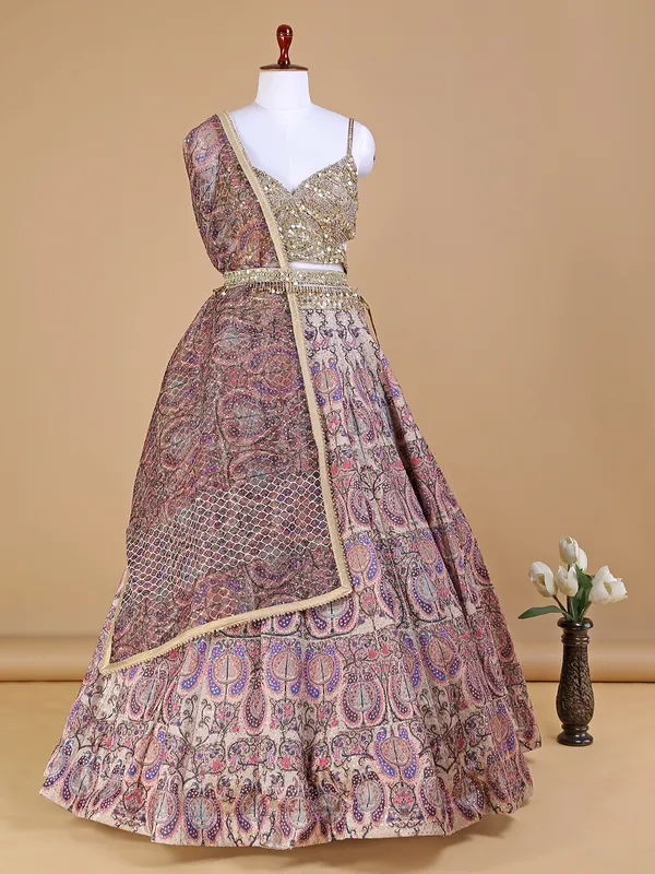 Beautiful printed beige silk lehenga choli