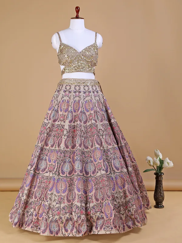 Beautiful printed beige silk lehenga choli
