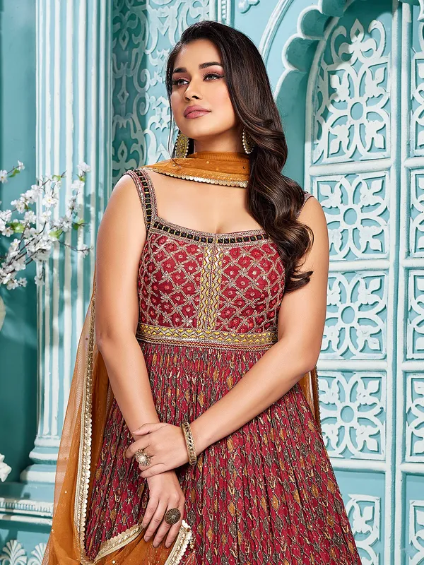 Beautiful printed maroon georgette anarkali suit