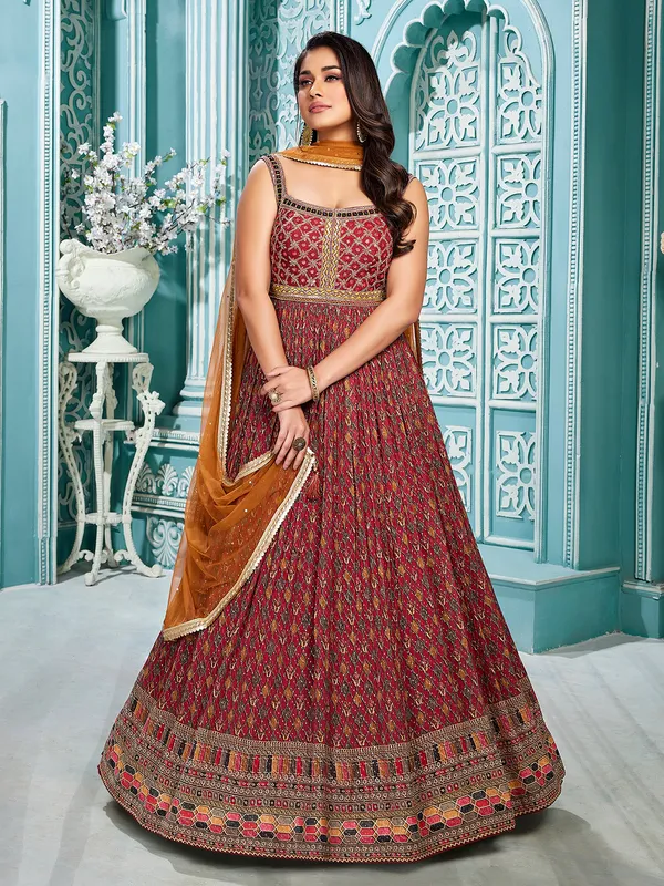 Beautiful printed maroon georgette anarkali suit
