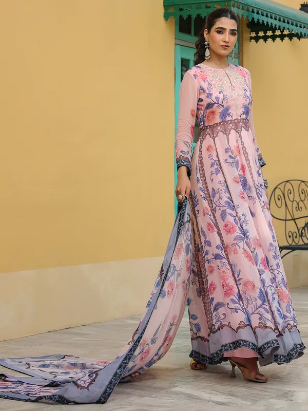 Beautiful printed silk light pink flooor length suit