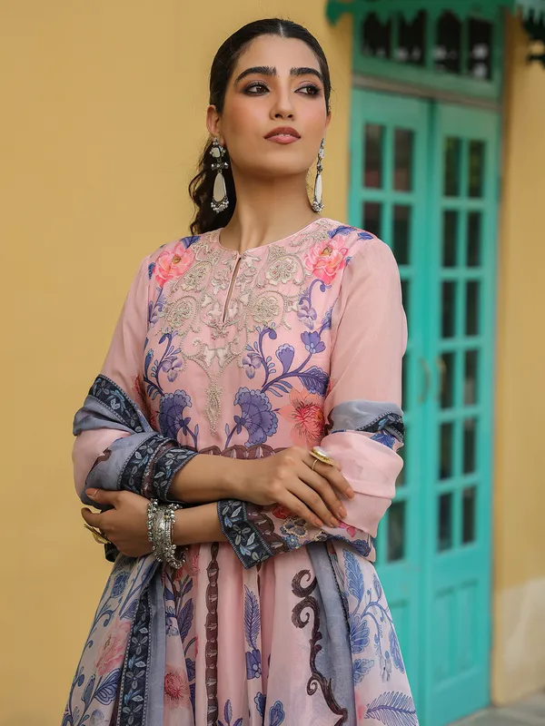 Beautiful printed silk light pink flooor length suit