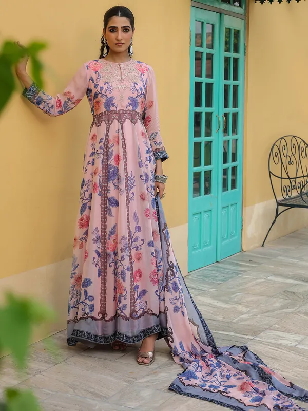 Beautiful printed silk light pink flooor length suit