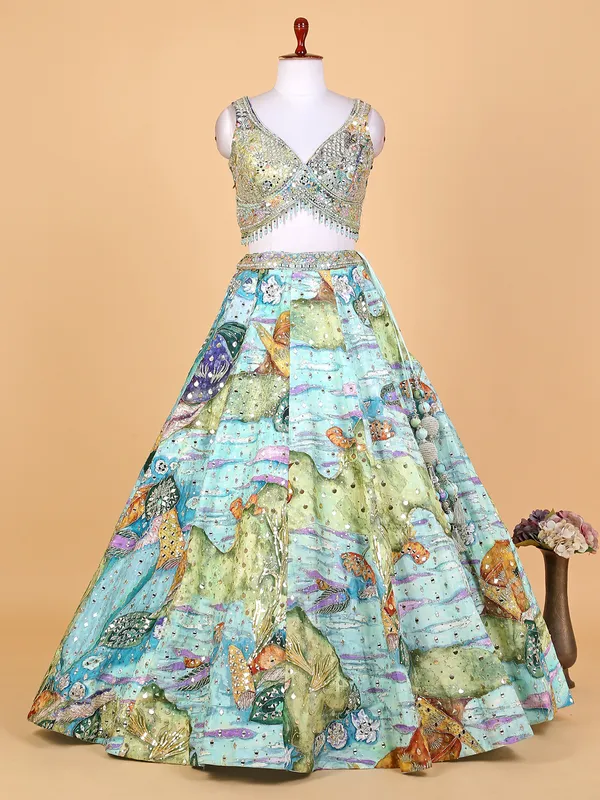 Beautiful printed sky blue silk lehenga choli