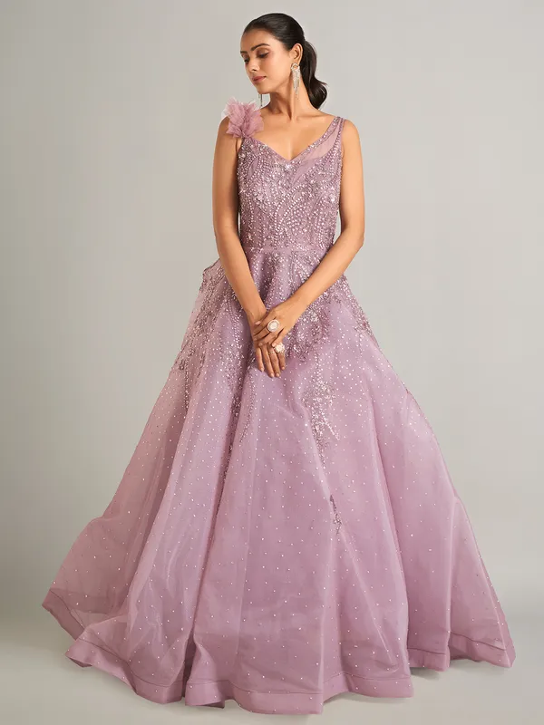 Beautiful purple net gown for party wear